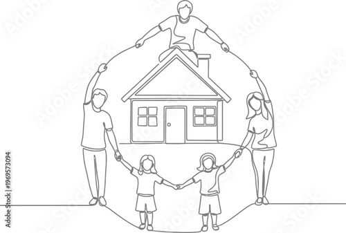 Continuous line drawing of a united family holding hands around their house, symbolizing protection, security, and the bond of home.