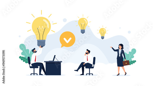 Group of business people working in an office and collaborating on new creative ideas represented by glowing lightbulbs.