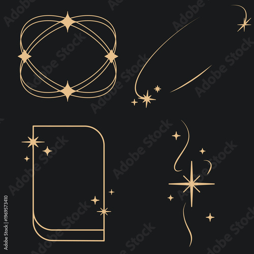 Sparkle star frame. wreath round stardust border for party, birthday decor design. laurel frame with, cosmic glitter shine. isolated black flat vector illustration.
