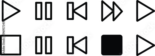Media player control icon set, vector buttons for video interface and audio music navigation including play pause stop next and previous controls.
