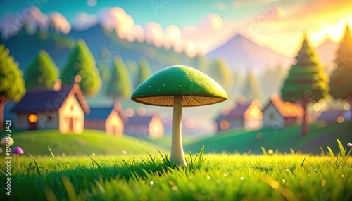 Wild mushroom in lush green field nature s serene view unique mushroom sits atop lush green field serene natural view