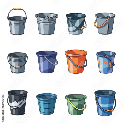 Colorful metal buckets with handles.