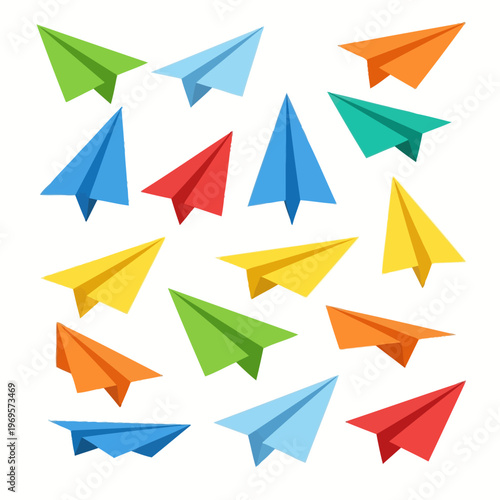 Colorful paper airplanes in flight.