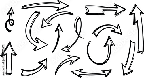 Collection of hand drawn black and white arrows indicating various directions