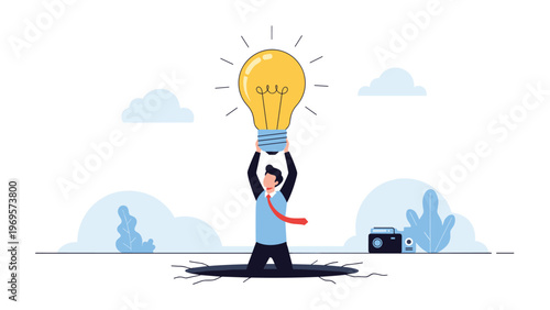 Determined man emerging from dark hole while lifting large glowing lightbulb representing discovery of innovative solution during difficult crisis.