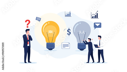 Professional man looking at glowing lightbulb while colleagues examine dull gray bulb representing unique innovation and superior creative ideas found.