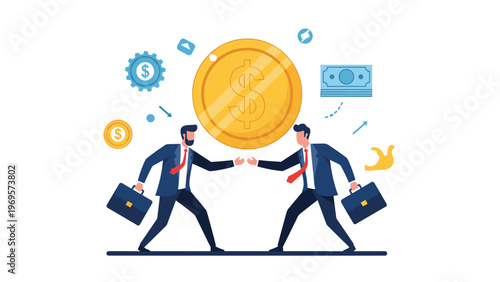 Two businessmen reaching to shake hands in front of giant gold coin representing successful financial deal or productive partnership agreement made.