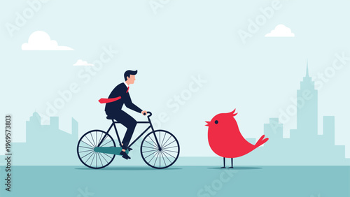 Professional man riding bicycle towards giant red bird in city environment representing social media communication, news updates, and digital trends.