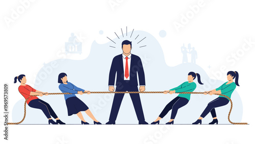 Two teams of women competing in tug of war game while professional man stands in middle representing arbitration or neutral observer in conflict.