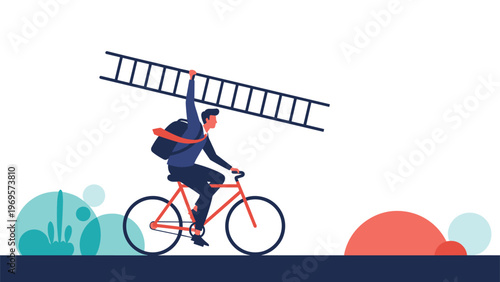 Determined man riding red bicycle while carrying large wooden ladder representing difficult climb to career success and effective multitasking skills.