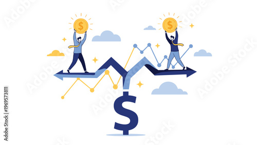 Two professional men standing on divergent arrows with coins representing different paths to wealth and financial decision making in various markets.