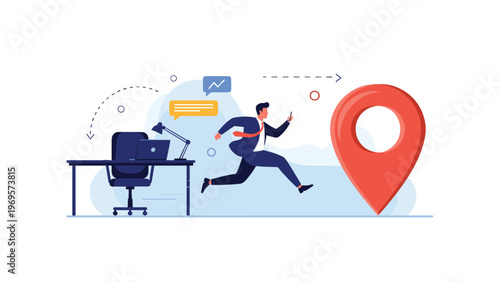Professional man running away from office desk towards large red location pin representing work travel, new destinations, and global navigation needs.