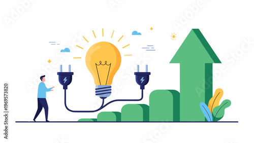 Professional man examining glowing lightbulb powered by two plugs next to rising bar graph representing energy efficient innovation and growth trends.