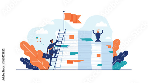 Ambitious businessman climbing ladder placed against high stack of documents to reach flag of success and golden trophy in corporate environment.