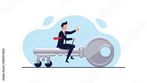 Confident businessman riding large silver key with thumbs up gesture representing discovery of key solution to achieving professional success today.