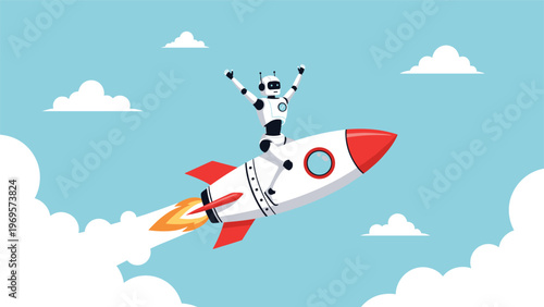 Happy robot character riding fast white and red rocket through clouds representing rapid advancement of artificial intelligence and tech innovation.