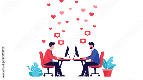 Two professional people working at computers with many heart emojis floating above representing online dating, positive interaction, or remote love.