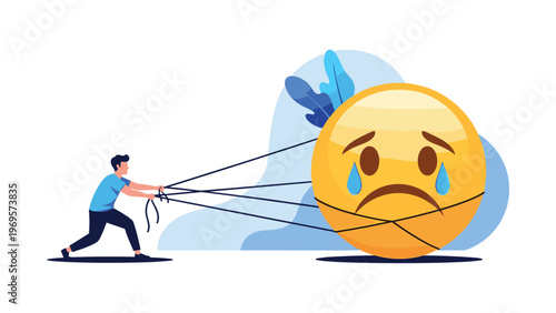 Determined man pulls a large crying emoji with ropes to overcome emotional distress and mental health challenges.