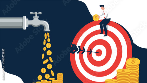 Tap pouring gold coins while a businessman sits on a target holding a coin to represent revenue stream and financial goals.