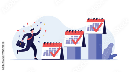 Excited businessman running past series of calendars with red checkmarks representing successful task completion and meeting important deadlines.
