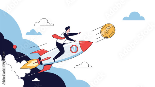 Ambitious businessman flying on a space rocket to reach a giant dollar coin representing rapid financial growth and success.