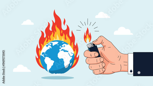 Giant hand using a lighter to set the world on fire as a symbol for global warming and environmental destruction caused by humans.