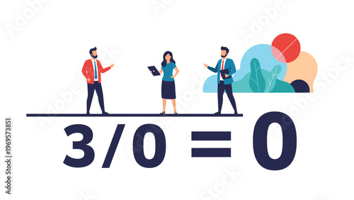 Group of diverse professionals standing above a mathematical division by zero equation indicating poor team efficiency.