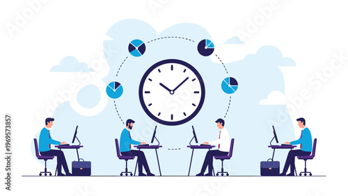 Team of employees working at their computers around a large central clock illustrating time management and productivity.