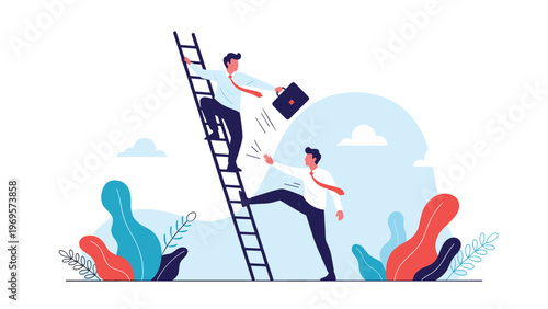 Competitive man trying to push another businessman off a ladder to depict office rivalry and corporate world struggles.