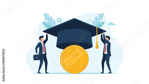 Professional men holding a massive graduation cap over a giant gold coin to represent the financial value of education.