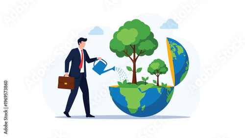 Conscious businessman watering green trees growing from an open globe representing environmental protection and sustainability.