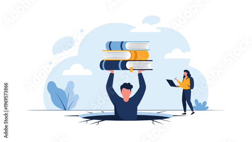 Man trapped in a hole while holding a stack of books as another person walks by with a laptop showing traditional versus digital learning.