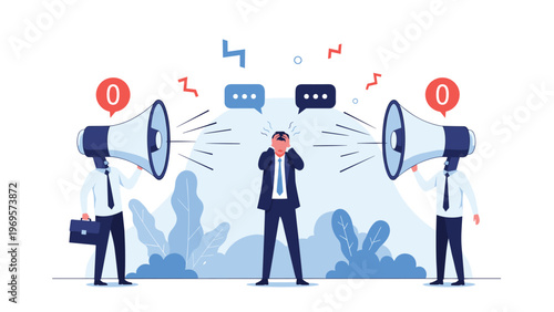 Stressed man covering his ears as two giant megaphones with zero icons scream at him depicting negative feedback and pressure.