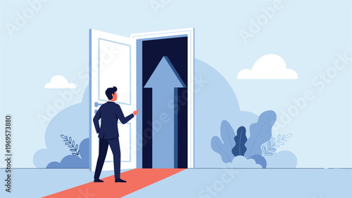 Ambitious professional man opening a door to reveal a large upward arrow signifying new opportunities for business growth.