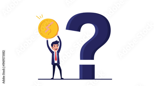Confused businessman holding a gold coin while standing next to a large question mark representing financial uncertainty.