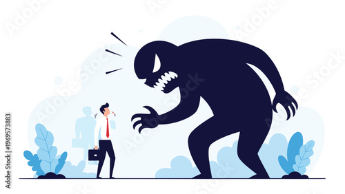 Scared businessman facing a giant terrifying monster shadow representing his internal fears and workplace anxieties.