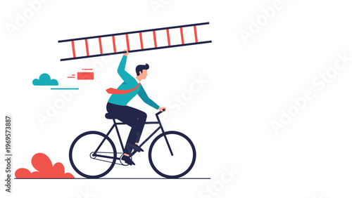 Busy professional man riding a bicycle while carrying a ladder to show his readiness for career growth and fast progress.