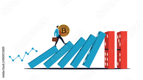 Determined man carrying a giant bitcoin while walking up a path of falling blue dominoes representing cryptocurrency risks.
