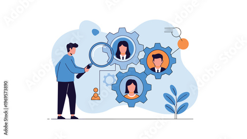 Human resources professional using a magnifying glass to inspect candidate profiles within gears for effective team building.