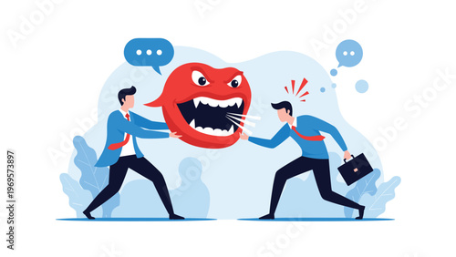 Two office workers struggling to hold a giant angry mouth shouting at another man to depict verbal abuse in the workplace.