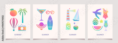 Summer travel postcards or posters.  Set of geometric backgrounds with abstract gradient tropical coastal elements in retro design. Vacation mood. Flat Modern vector illustration.