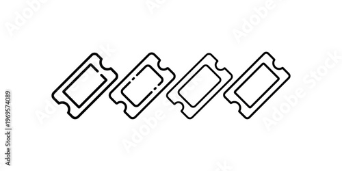 Four stylized ticket icons, event pass, admission symbol, entertainment graphic, simple design, isolated vector elements, retro style