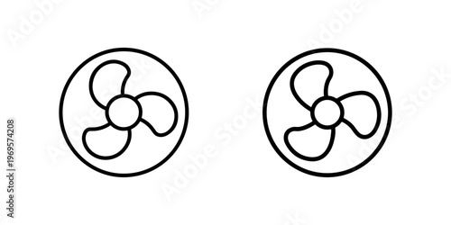 Black outline icon of two fans with three blades spinning inside a circular frame, representing air circulation or cooling appliances