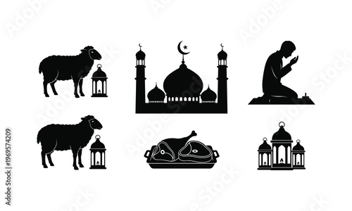 Eid al Adha vector illustration set Islamic symbols mosque sheep praying food lantern.