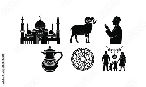 Eid al adha vector illustration set. ramadan mubarak muslim people festival religion holiday.