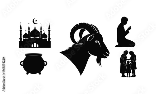 Eid al adha vector illustration set. ramadan mubarak muslim people festival religion holiday.