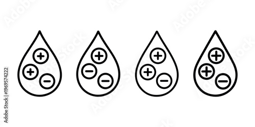 Four black outline icons of water drops, each containing positive and negative charge symbols, representing ionized or charged liquid