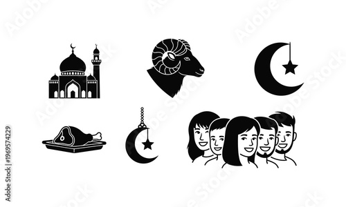Eid al adha vector illustration set. ramadan mubarak muslim people festival religion holiday.