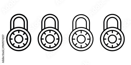 Four round combination locks in a row, symbolizing security, protection, safety, privacy, and data encryption, isolated on white background