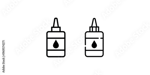 Two glue bottles with drop symbols, symbolizing adhesive, craft, school supplies, and DIY projects, isolated on white background
